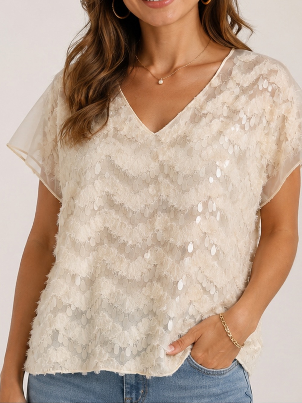 T174 Easel Cream Chevron Sequin Paillette Mesh Chiffon Relaxed Fit Elegant Top